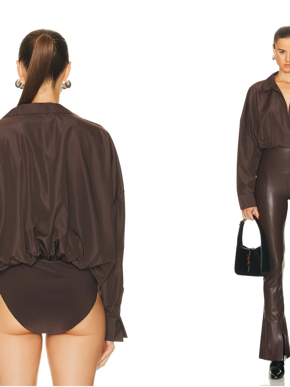 Norma Kamali Brown Satin Long-Sleeve Bodysuit